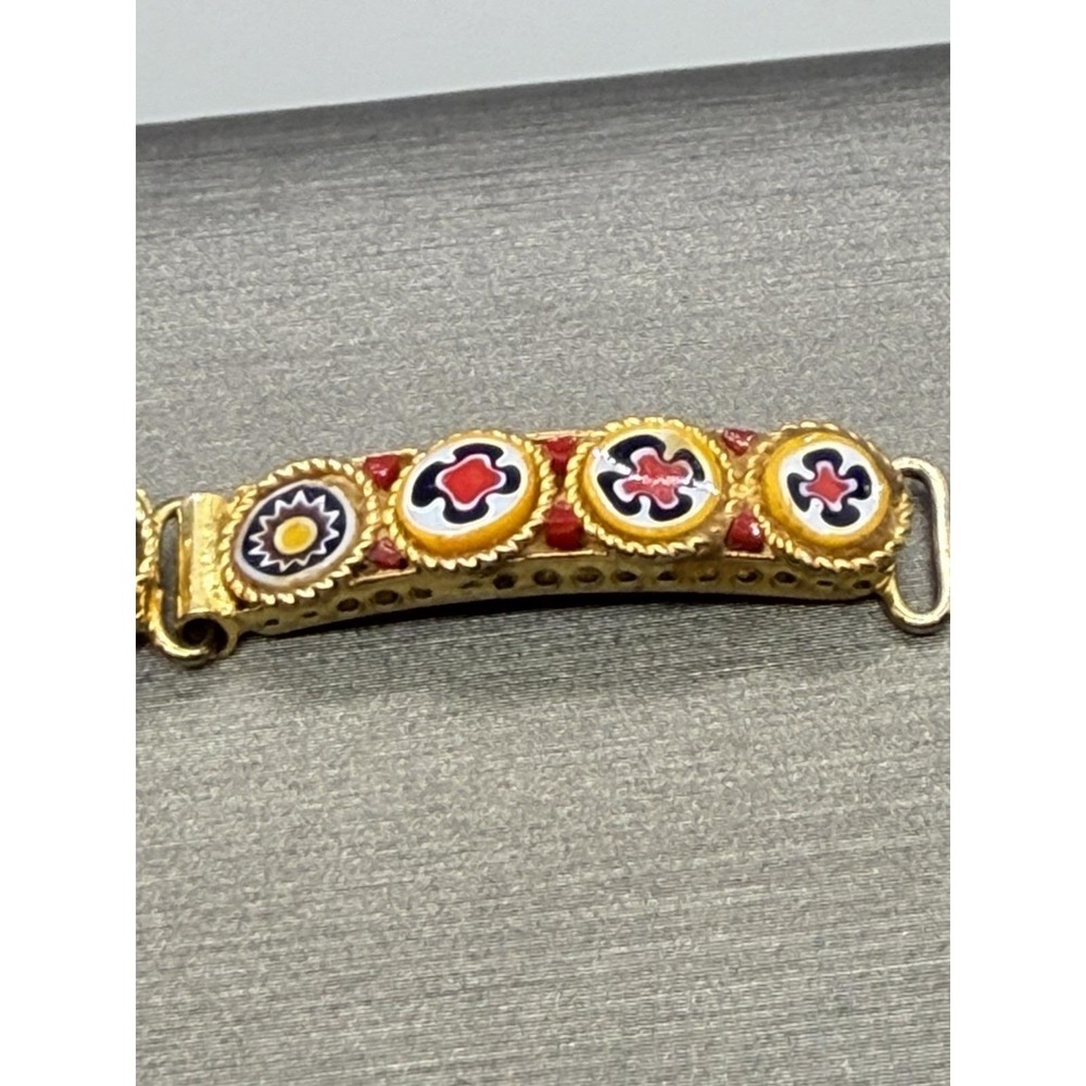 Vintage Micro Mosaic Millefiori Panel Gold Tone Bracelet Multi Color Sz 6 - Picture 11 of 13